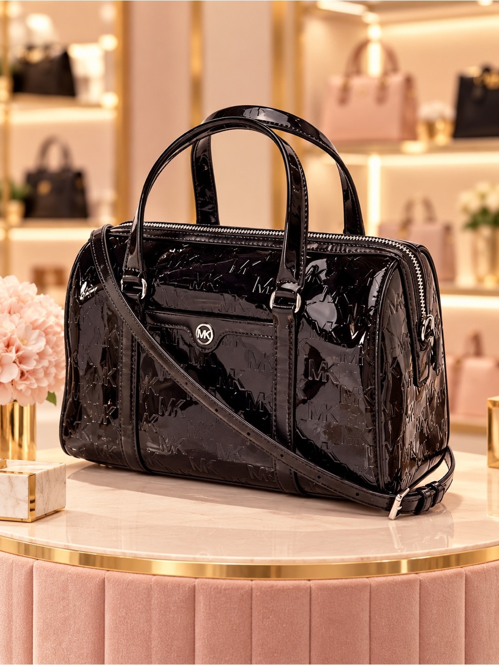 Michael Kors Glossy Black Patent Satchel with Crossbody Strap
